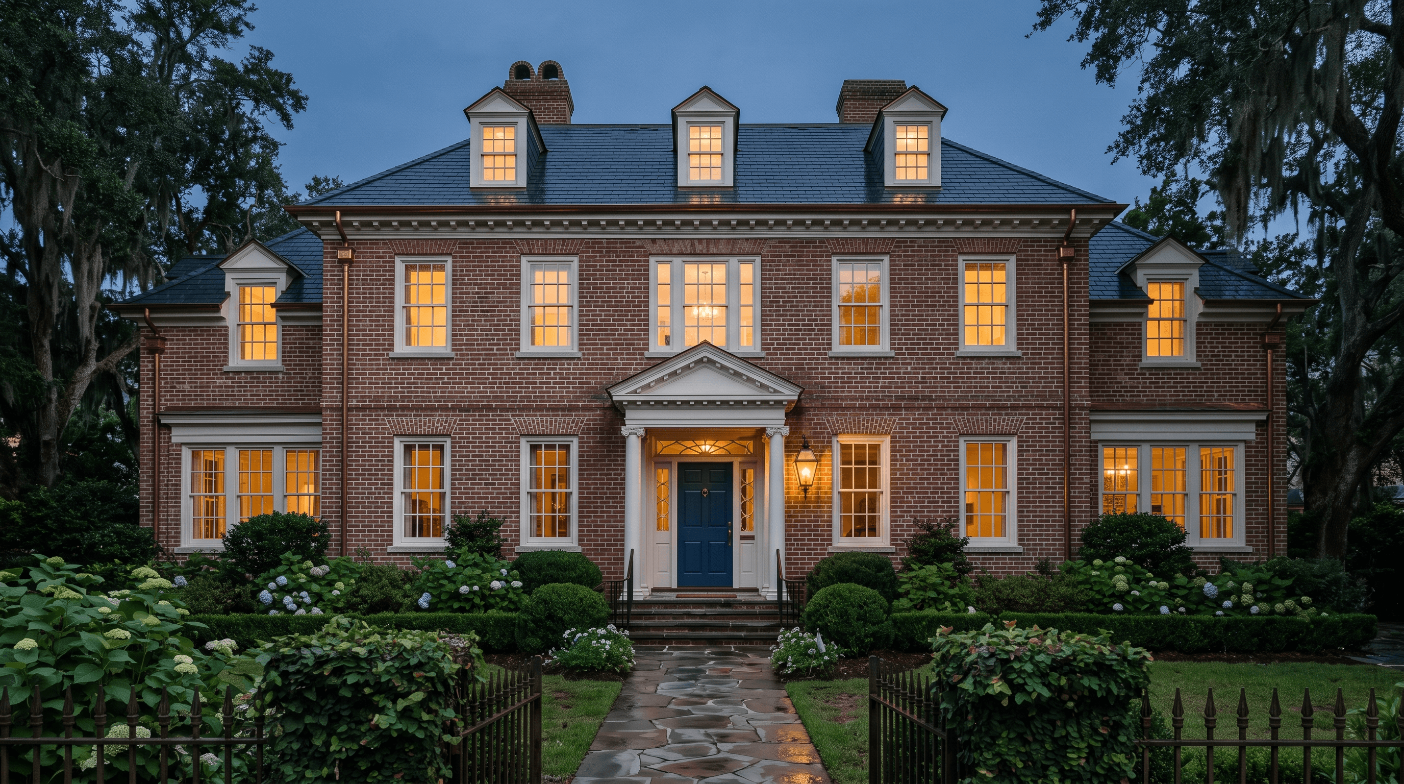 Traditional brick home facade at dusk with warm lamplit windows