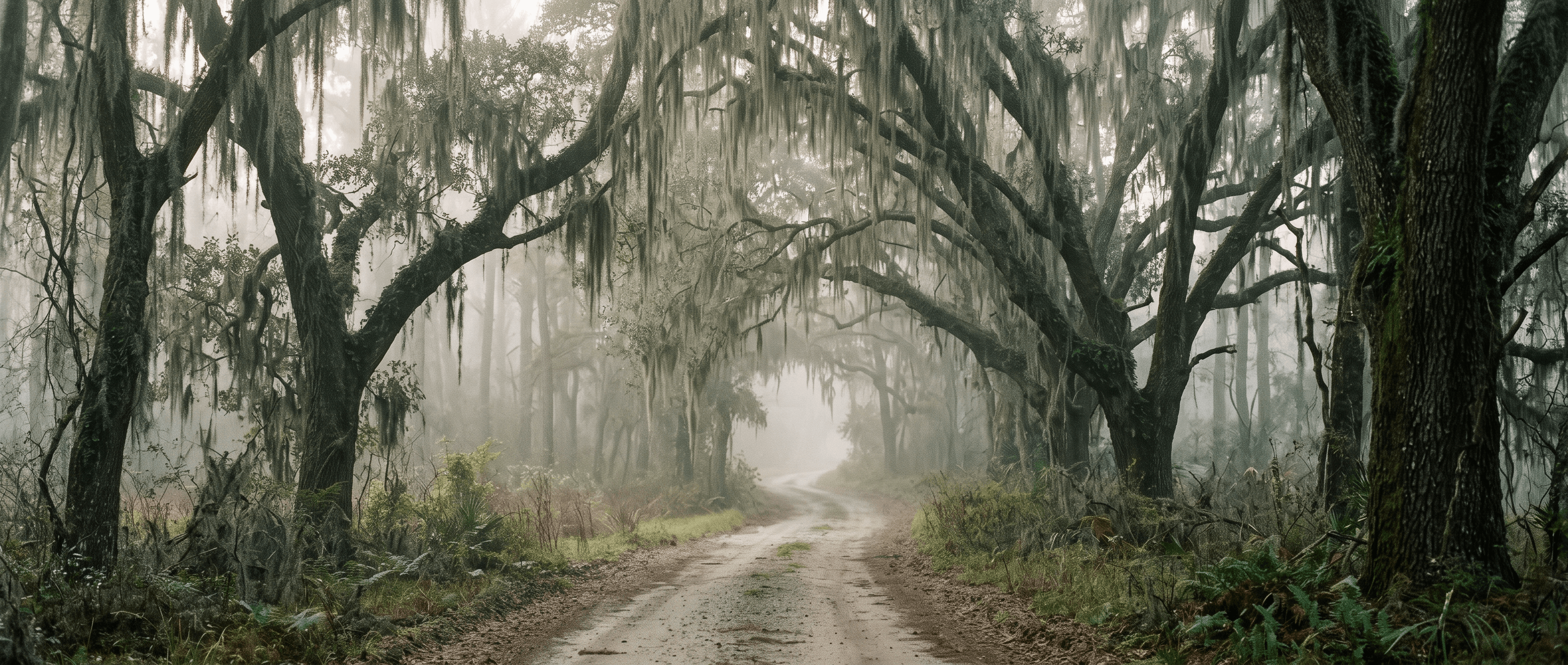 Live oaks draped in Spanish moss in morning fog