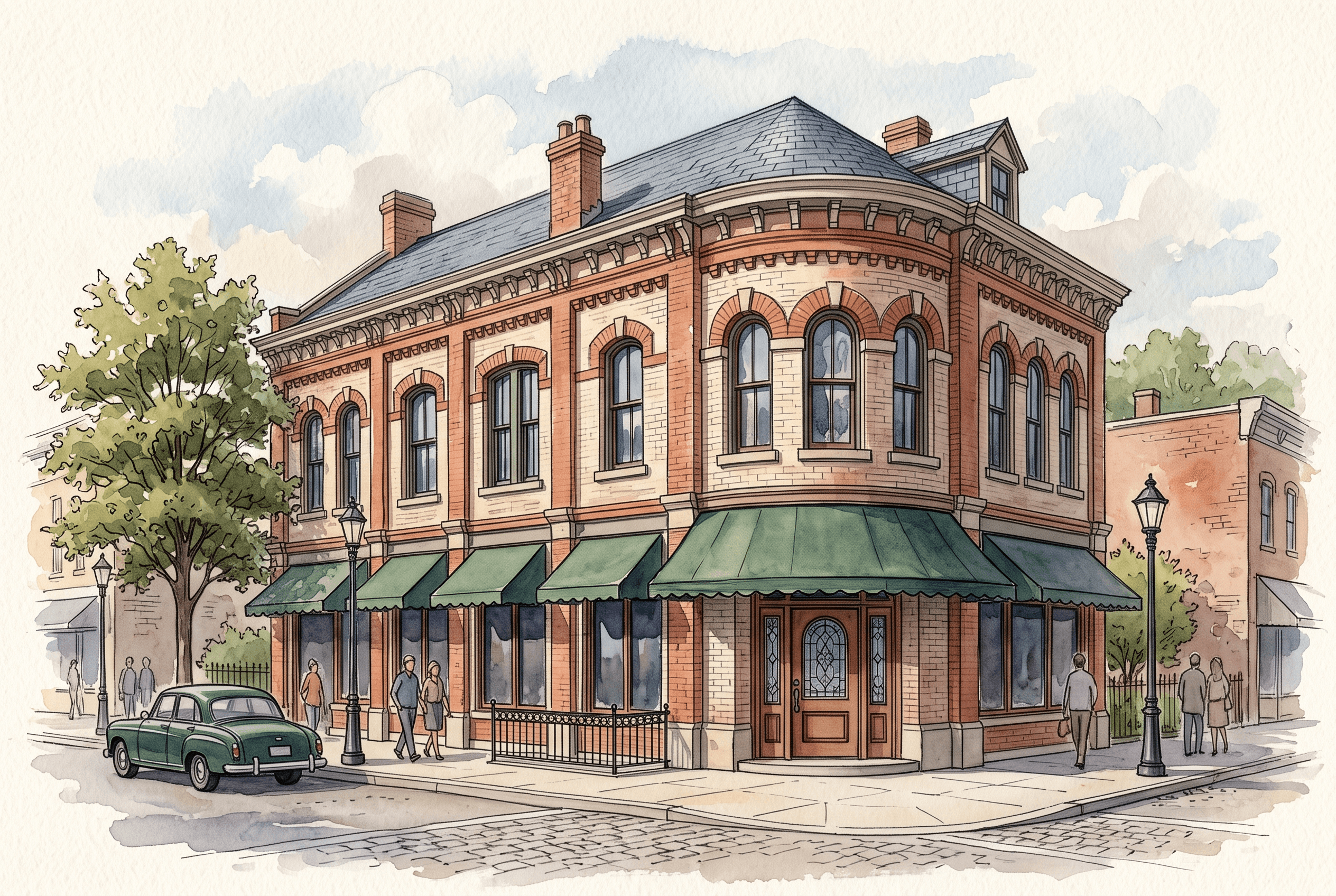 Watercolor rendering of a brick commercial streetfront